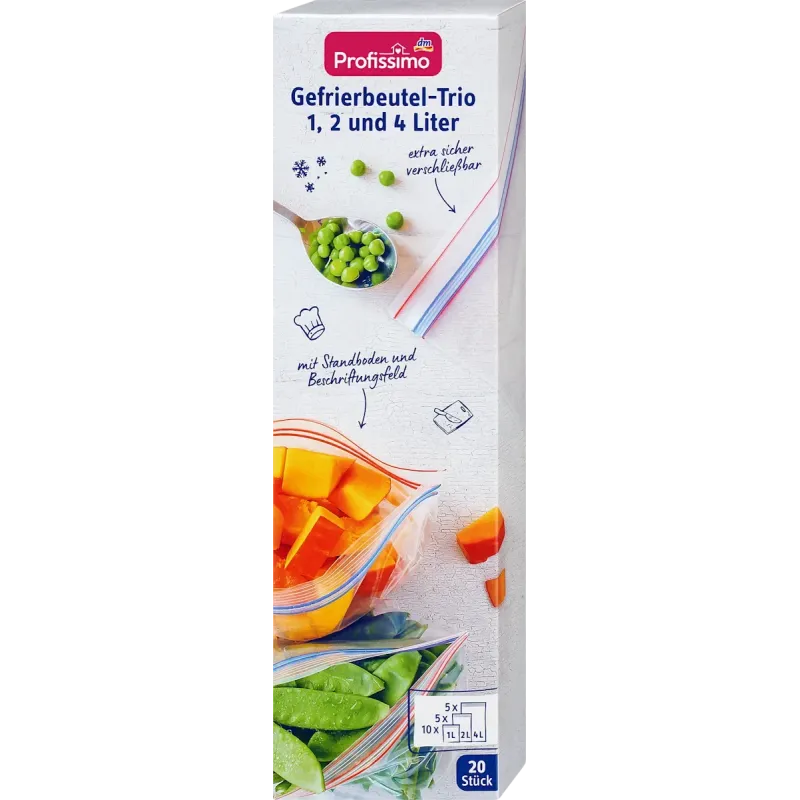 Trio de pungi pentru congelator 1, 2 și 4 l cu închidere dublă, 20 de bucăți