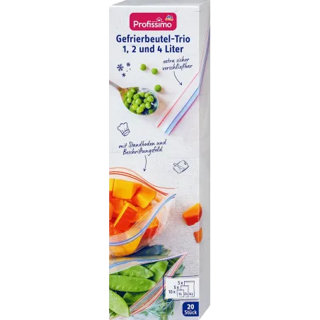 Trio de pungi pentru congelator 1, 2 și 4 l cu închidere dublă, 20 de bucăți