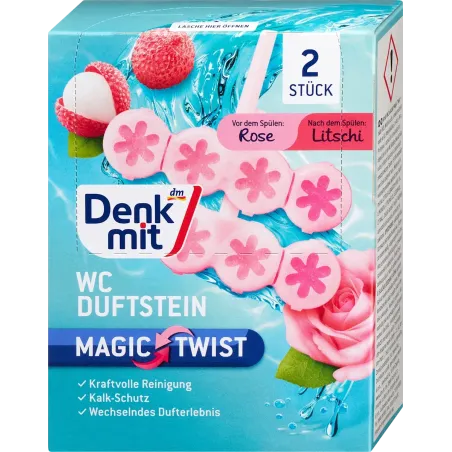 Piatră parfumată pentru toaletă Magic Twist Rose & Lychee, 2 bucăți