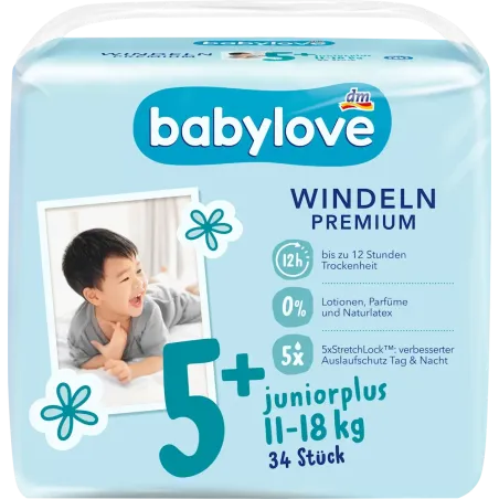 Scutece Premium Mărimea 5+, Juniorplus, 11-18 kg, 34 buc